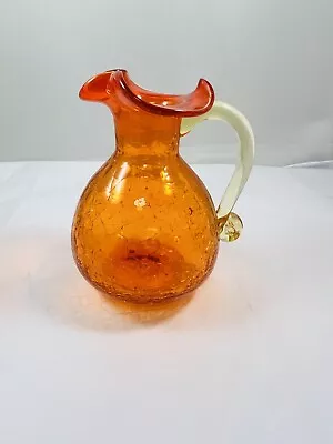 Buy Orange Crackle Art Glass Pitcher Vase Creamer With Applied Yellow Handle • 4.74£