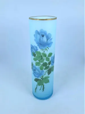 Buy Vintage Blue Frosted Satin Tall Glass Vase Delicate Rose Design Gold Trim 20cm • 9.99£