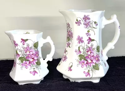 Buy Pair Vintage English Bone China Jugs/pitchers Violet Pattern - 4  & 5.5  Tall • 10£