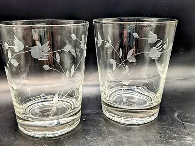 Buy Vintage Set Of 2 Etched Clear Glass Double Old Fashioned Rock Whiskey Glasses • 18.32£