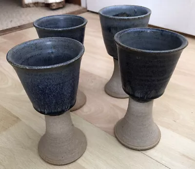 Buy Vintage Handmade Studio Art Pottery Blue Wine Goblets Chalice Cup Set 4 • 15£