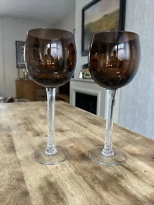 Buy Vintage Set Of 2 Tall  Brown Smoke Crackle Glass Wine Goblets Glasses • 15£