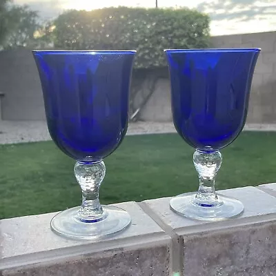 Buy Pair 2 Libbey Glass Martello Cobalt 7” Water Goblet Blue Crackle Bulbous Stem • 14.18£
