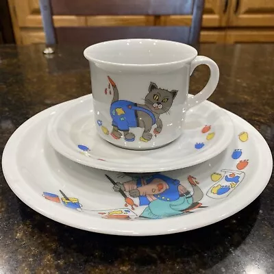 Buy Winterling Roslau Bavaria 3  Piece Set Cup Saucer Plate Painting Cat Kids • 24.10£
