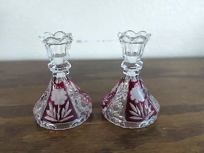 Buy Anna Huitte Bohemian Ruby Red Flash Cut To Clear Glass Pair Of Candle Holders • 56.83£