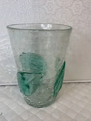 Buy Vintage 7” Tall Blenko Crackle Glass Clear Vase W/ Applied Green Leaves MCM • 36.83£