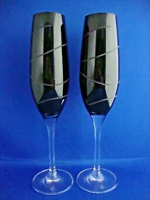 Buy 2 X Royal Doulton Crystal Cut Glass Black Champagne Flutes Glasses -  Signed (1) • 19.95£