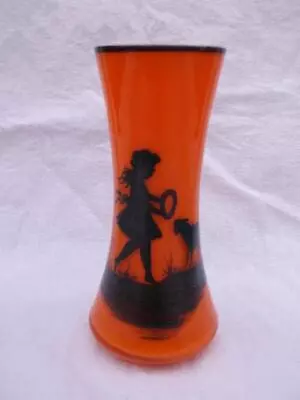 Buy 1920s BOHEMIAN CZECHOSLOVAKIAN ORANGE GLASS VASE WITH HAND PAINTED GIRL . M2641 • 9.99£