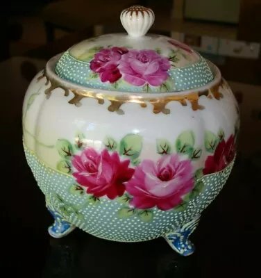 Buy Unmarked Nippon Noritake Hand Painted Beaded Cracker Jar, Vanity Box, Roses 8  • 65.36£