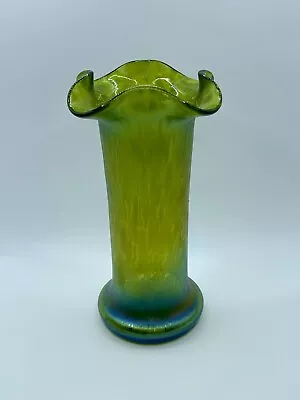 Buy Vintage Papillon Czech Bohemian Green Art Glass Vase Iridescent Crackle Ruffled • 69.93£