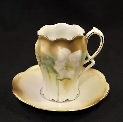 Buy Chocolate Cup & Saucer Set  Hand Painted White Azalea Gold 1910-1945RS Germany • 47.23£
