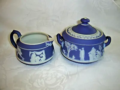 Buy Antique Wedgwood Dark Blue Jasper Ware Lidded Sugar Bowl & Milk Jug. • 20£