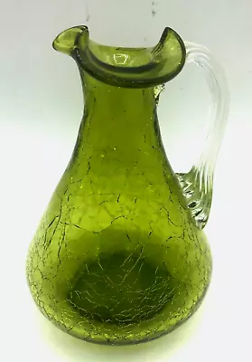 Buy Vintage Green Crackle Art Glass Pitcher Applied Ribbed Clear Glass Handle 4.5  • 6.64£