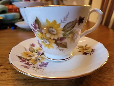 Buy Gold PurpleDuchess Teacup Saucer Bone China Fall Sunflowers Footed 406 Gold Trim • 4.83£