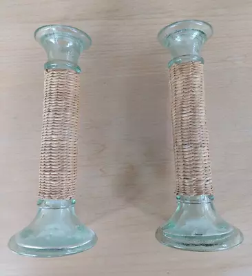 Buy Pale Green, Recycled Glass, Pair Of Candlesticks With Woven Straw Jacket To Grip • 12£
