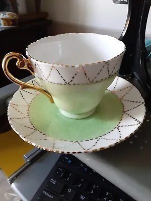 Buy Shelley Hand Decorated Bone China Cup And Saucer Green White 24 KT Gold Gilding • 5.99£