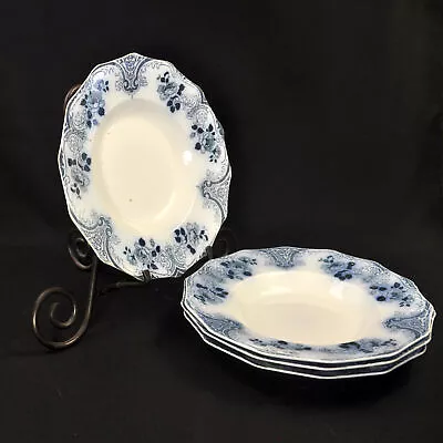 Buy W. H. Grindley 4 Soup Bowls Rimmed Merion Flow Blue On White Embossed 1897-1914 • 103.74£