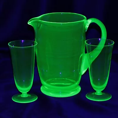 Buy Antique 1900's Czech Vaseline Uranium Glass Pitcher Jug And Glasses Set • 227.94£