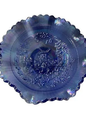 Buy Vintage L.E Smith Carnival Glass Windmill Iridescent Blue Ruffled Glass Bowl • 41.82£