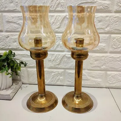 Buy Vintage Brass Pair Captains Table Candle Stick Holders Hurricane Glass 12.5  • 59.99£