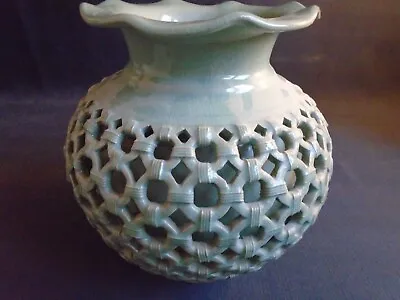 Buy Vintage Korean Celadon Pottery Double Walled Reticulated Vase Vgc. • 75£