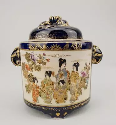 Buy Antique Japanese Satsuma Koro Signed Cobalt Scene Geisha Incense Burner • 276.15£