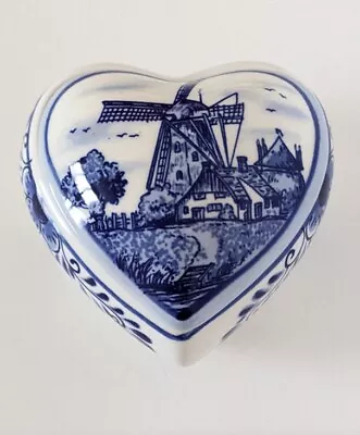 Buy Delft Blue Holland Hand Painted Pottery Windmill Scene Heart Shaped Trinket Box • 10£