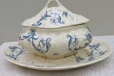 Buy Antique 1880s Terre De Fer Porcelain Opaque De Gien Blue/White Floral Gravy Dish • 94.30£