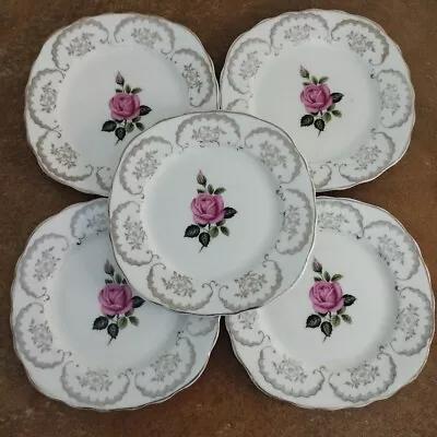 Buy Set Of Five Vintage Dresden 'Pink Rose' English Bone China, 15.5cm Side Plates • 11.95£
