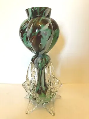 Buy Antique Victorian Cornucopia Epergne Bulbous Green Heart & Leaves Vase Art Glass • 24.99£