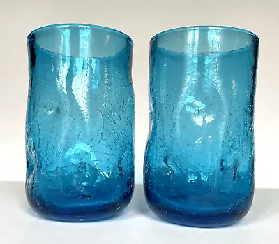 Buy Blenko Glass Crackle Pinch Tumbler Turquoise Blue Handblown Glasses Set Of 2 • 48.10£
