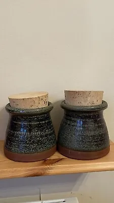 Buy Vintage Two Handmade Cork And Stoneware Ceramic Jars Storage • 13.50£