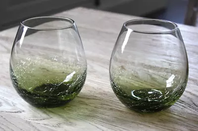Buy Pier 1 Imports Crackle Olive Green 2 Stemless Wine Glasses 4-3/8  • 46.33£