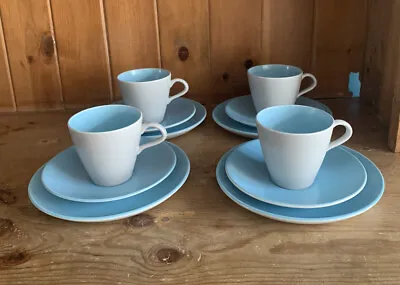 Buy 4 Vintage Poole Pottery Tea Trio Cups Saucers Plates Sky Blue Dove Grey 1960s • 14£
