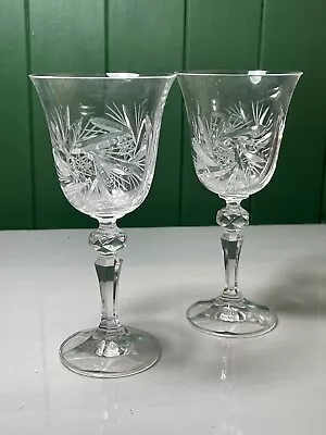 Buy Pair Of Vintage Bohemia Crystal Wine Goblets With Cut Geometric Fan Pattern • 8.99£