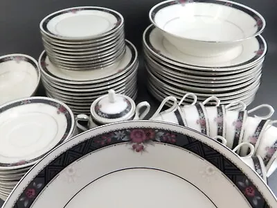 Buy Vintage Service 12 Dinnerware Set Noritake Etienne Gray/Black Band Pink Flowers • 469.44£