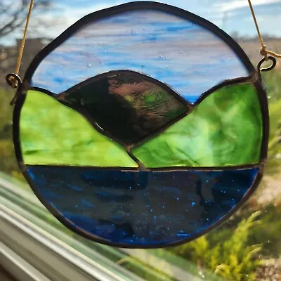 Buy Stain Glass Circle Mountain With Grass And Lake Scene Blue/Green Hanging 7 Inch • 9.44£