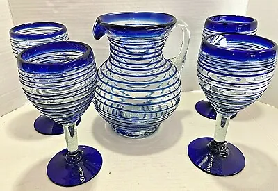 Buy Mexican Glassware Cobalt Blue Pitcher Set Of 4 Swirl Wine Margarita Glasses Set • 47.49£
