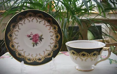 Buy Aynsley Tea Cup & Saucer, Forest Green & Gold Filigree, Hand Painted Pink Rose • 14.98£