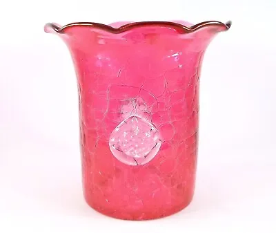 Buy Hand Crafted Red Crackle Glass Vase With Rosettes, Probably WWII Era • 21.35£