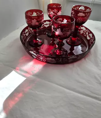 Buy Ruby Flashed Tray & 4 Grape Cordial Goblets~Victorian Blown Glass~Art Nouveau • 28.81£