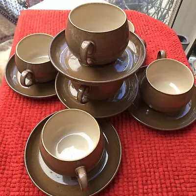 Buy Set Of 6 Denby Coffee Cups & Saucers Fine Stoneware Cappuccino Brown Hugs Ribbed • 10£