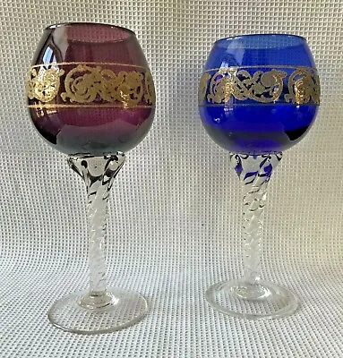 Buy Vintage Wine Glass Pair In Amethyst & Cobalt Blue W/ Gold Embossed Trim, 7  Tall • 14.40£