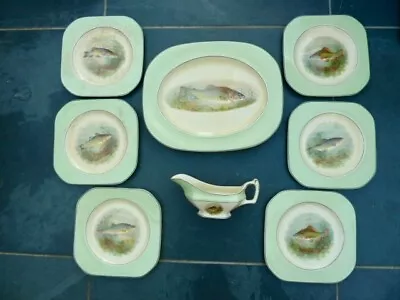 Buy Vintage 8 Piece Woods Fish China Dinner Set, 6 Plates, Sauce Boat, Serving Dish • 60£