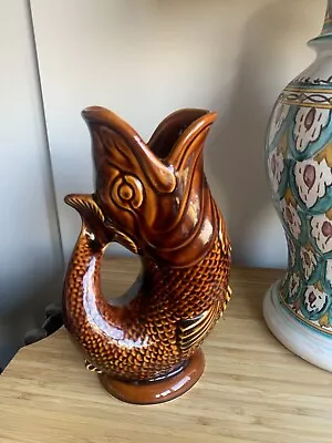 Buy Vintage Dartmouth Devon Pottery Brown Gluggle Fish Jug Vase 24cm • 30£
