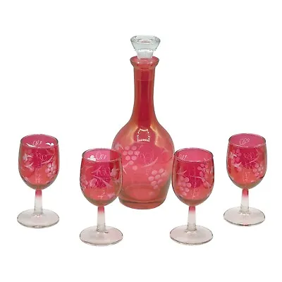 Buy Vintage Cranberry Glass Decanter Set 4 Wine Glasses Stopper Bohemian Etched 11” • 71.49£