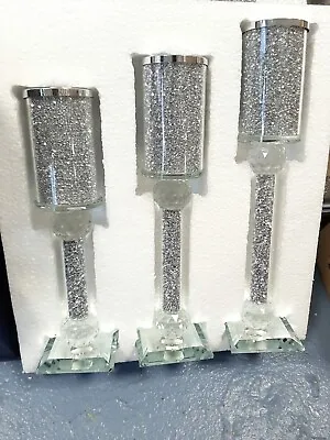 Buy 3 Pc Set Silver Diamond Crystals Glass Crushed Filled Romany Candle Holder • 27.89£