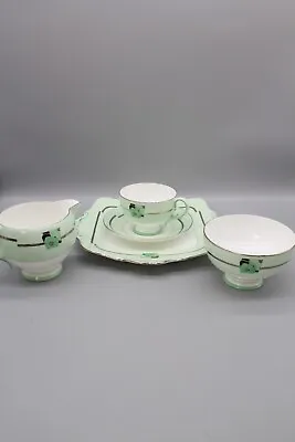 Buy Rare Antique Royal Paragon Art Deco Tea Set Dishes In Green, Silver Gilt Trim • 3£