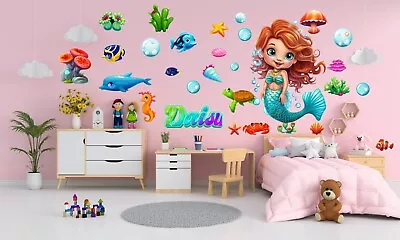 Buy 3D Mermaid Personalised Wall Stickers Set Nursery Kids Girl Room Wall Decals MS6 • 17.50£