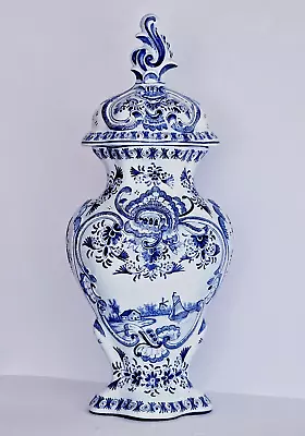 Buy Antique DELFT XL GINGER JAR LIDDED VASE 17.3 INCHES - EMBOSSED ACCENTS RARE • 156.68£